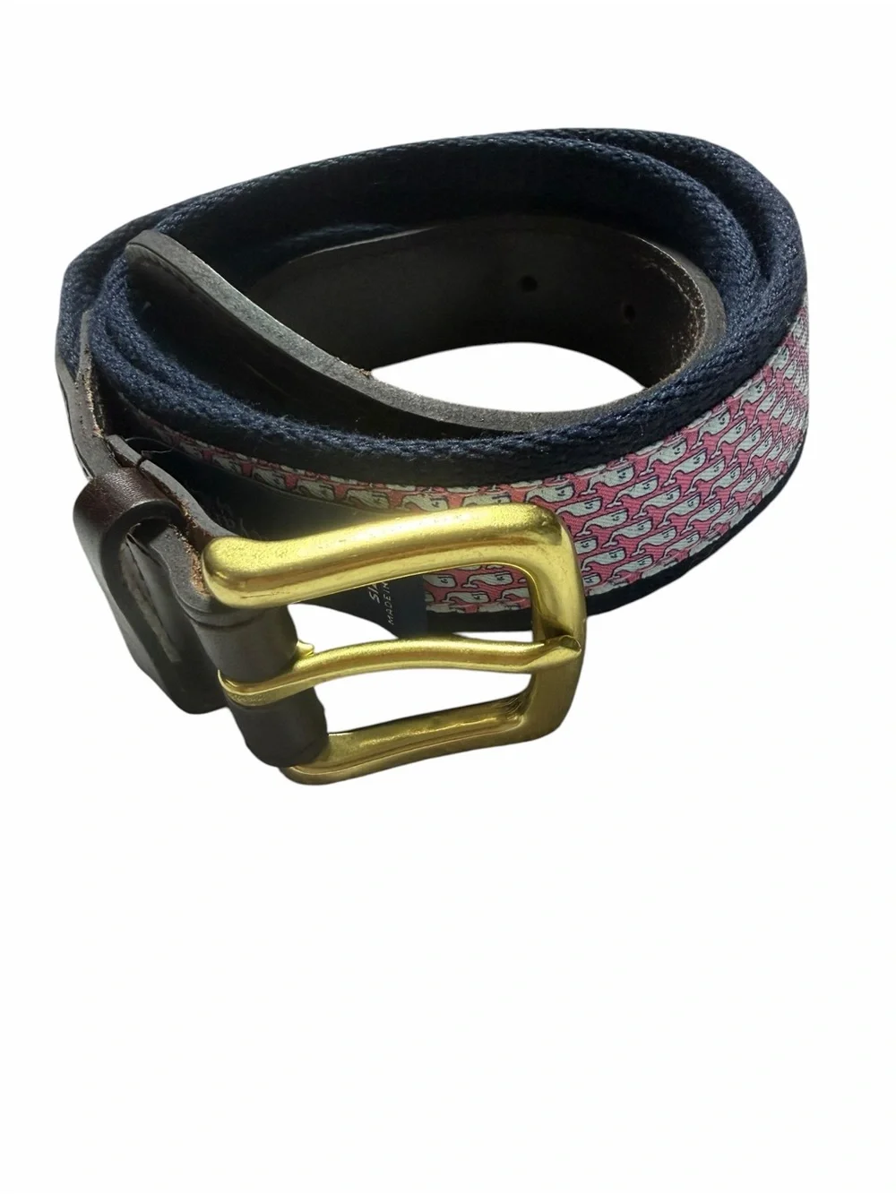 Vineyard Vines Pink Patterned Leather Belt with Gold Buckle